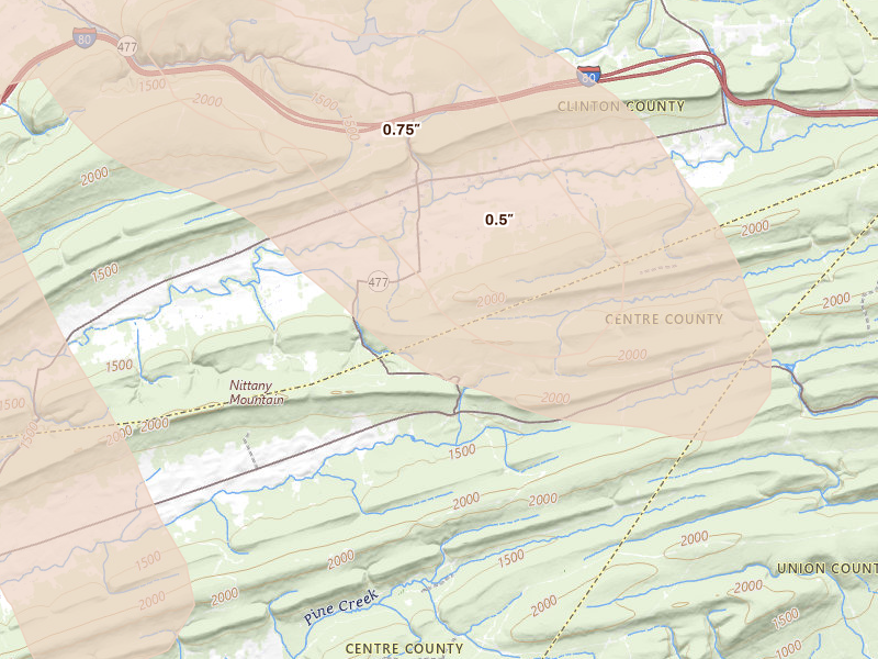 Radar-estimated hail-size map of the storm over Loganton, PA on Sep 2, 2026