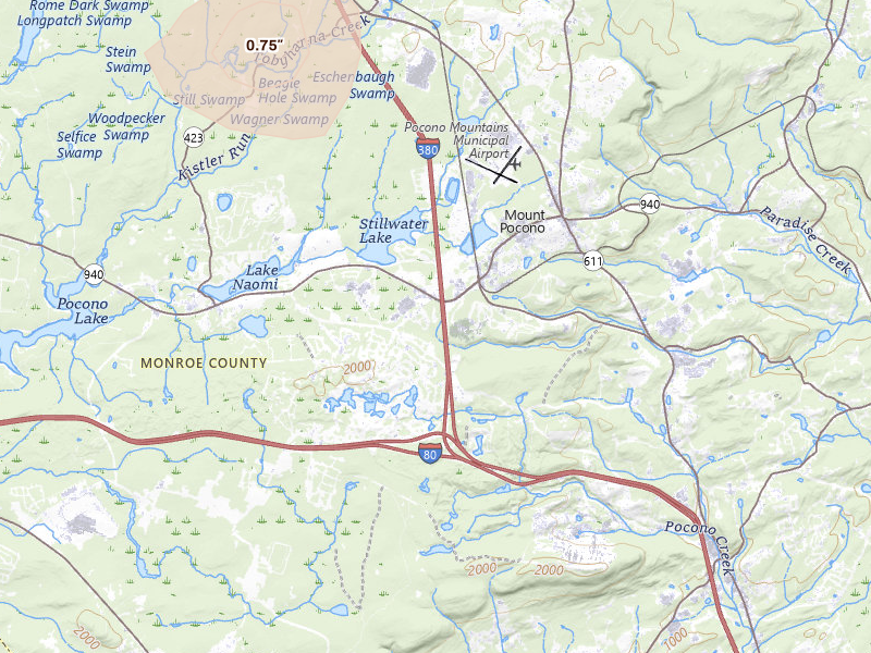 Radar-estimated hail-size map of the storm over Long Pond, PA on Jul 3, 2026