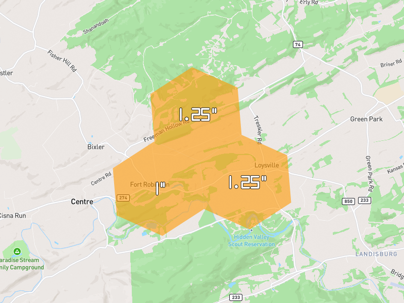 Hail map of Loysville, PA on Jul 5, 2026, hail up to 1.25"
