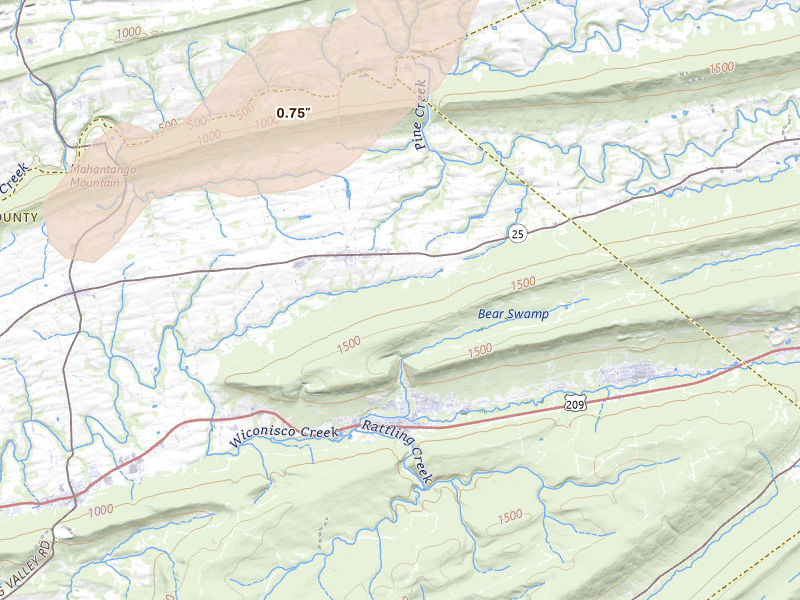 Radar-estimated hail-size map of the storm over Lykens, PA on Jun 6, 2026