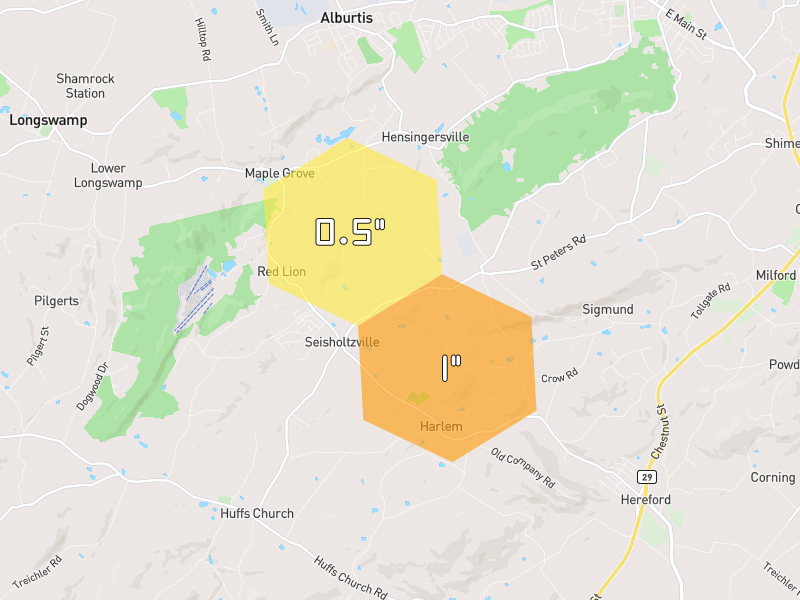 Hail map of Macungie, PA on Jul 5, 2026, hail up to 1"