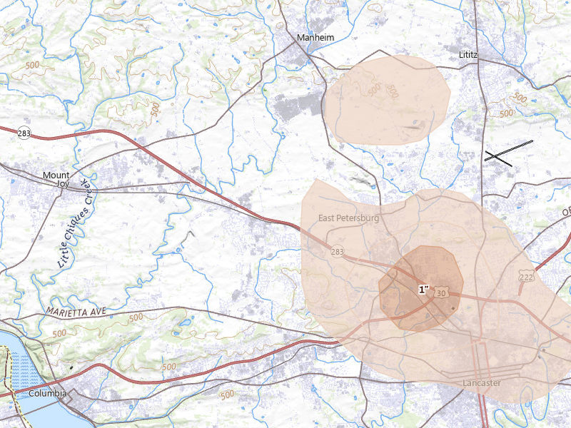 Radar-estimated hail-size map of the storm over Manheim, PA on Jul 4, 2026