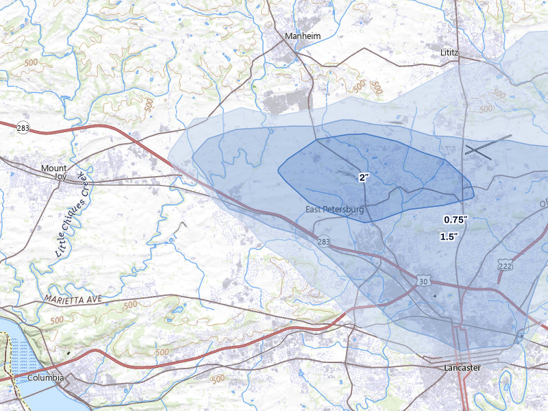 NEXRAD radar-signature map of the hail over Manheim, PA
