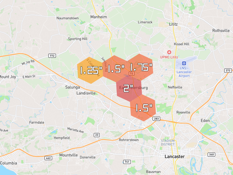Hail map of Manheim, PA on Jul 4, 2026, hail up to 2"