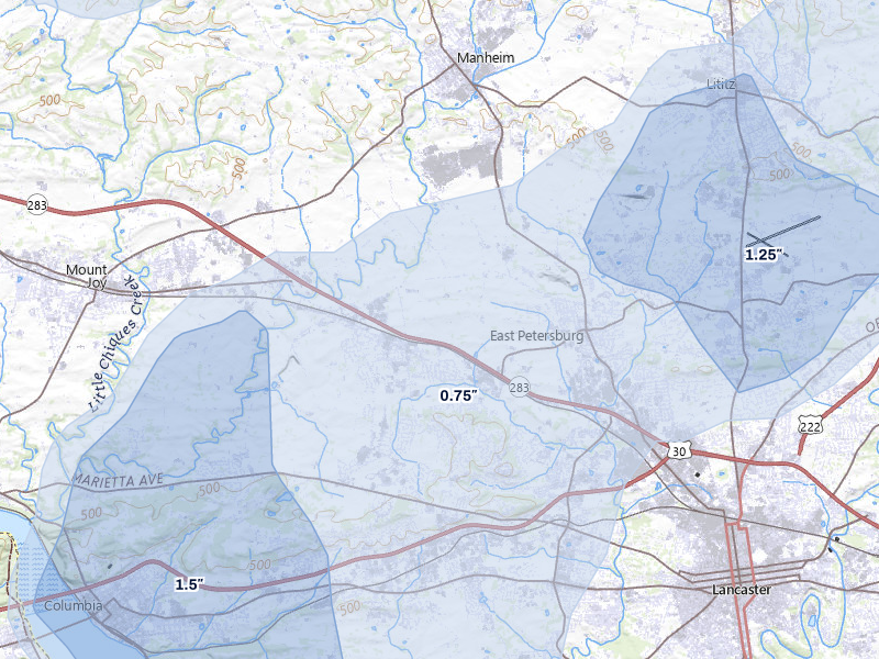 NEXRAD radar-signature map of the hail over Manheim, PA
