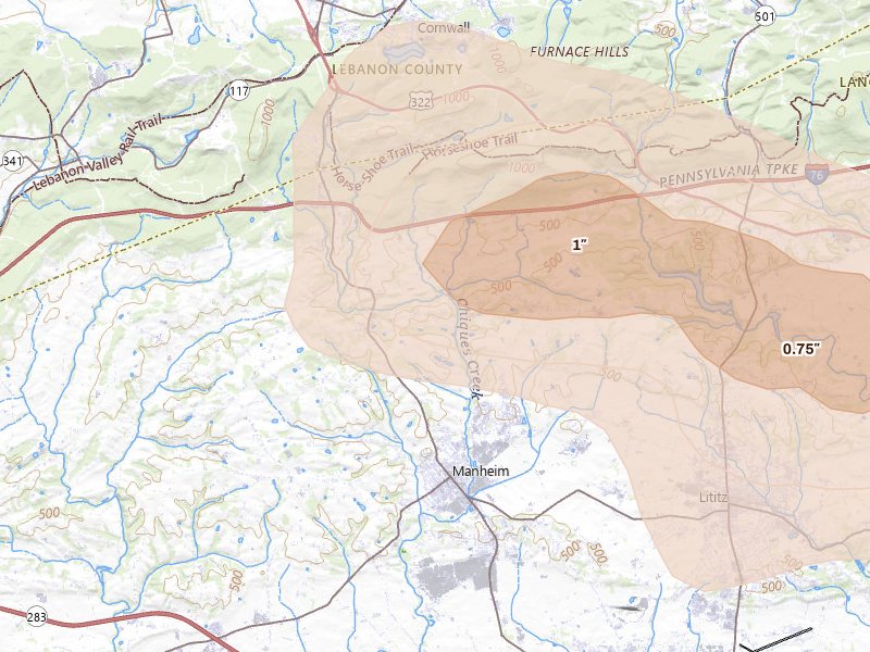 Radar-estimated hail-size map of the storm over Manheim, PA on Aug 27, 2026