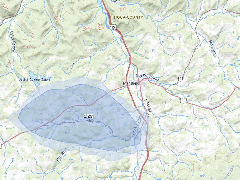 NEXRAD radar-signature map of the hail storm over Mansfield, PA on Jul 3, 2026