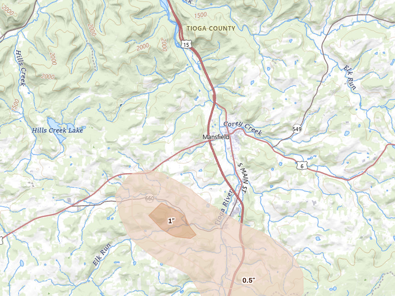 Radar-estimated hail-size map of the storm over Mansfield, PA on Sep 1, 2026