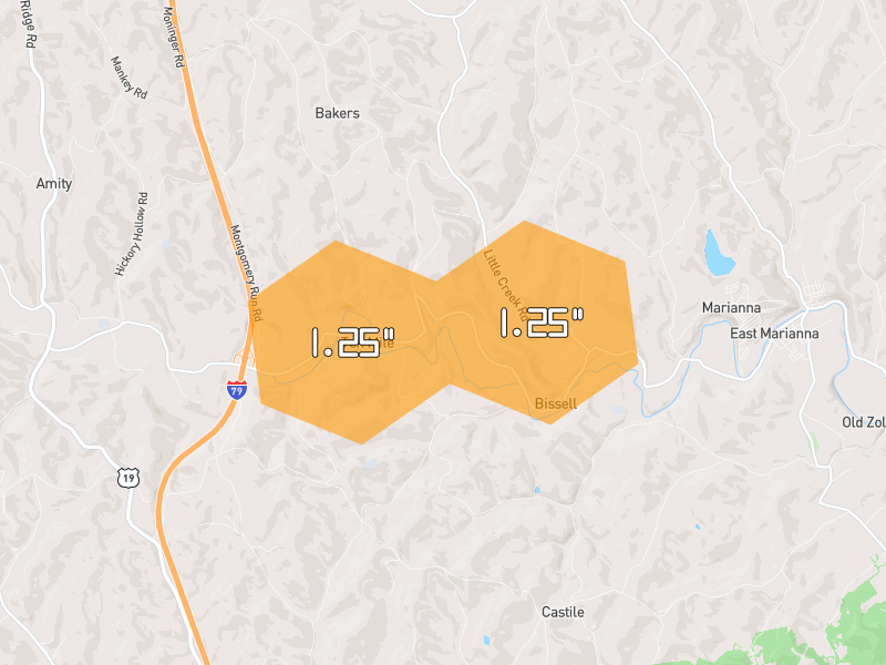 Hail map of Marianna, PA on Jun 7, 2026, hail up to 1.25"