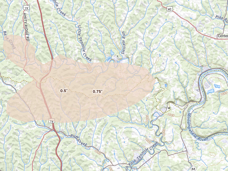 Radar-estimated hail-size map of the storm over Marianna, PA on Aug 8, 2026