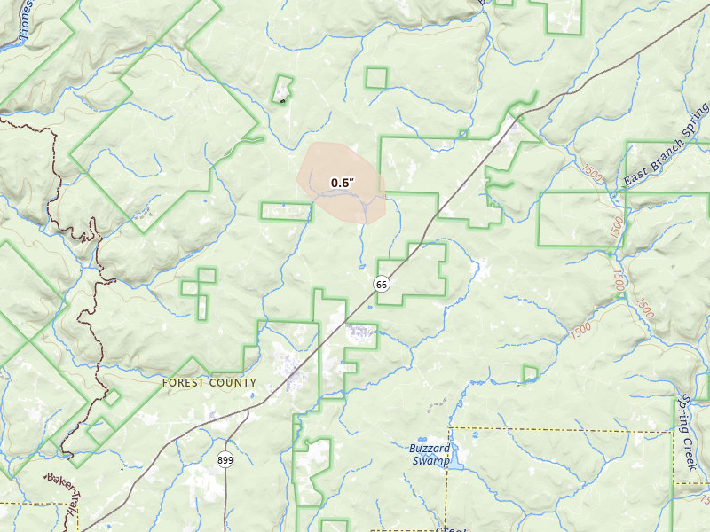 Radar-estimated hail-size map of the storm over Marienville, PA on Jul 27, 2026
