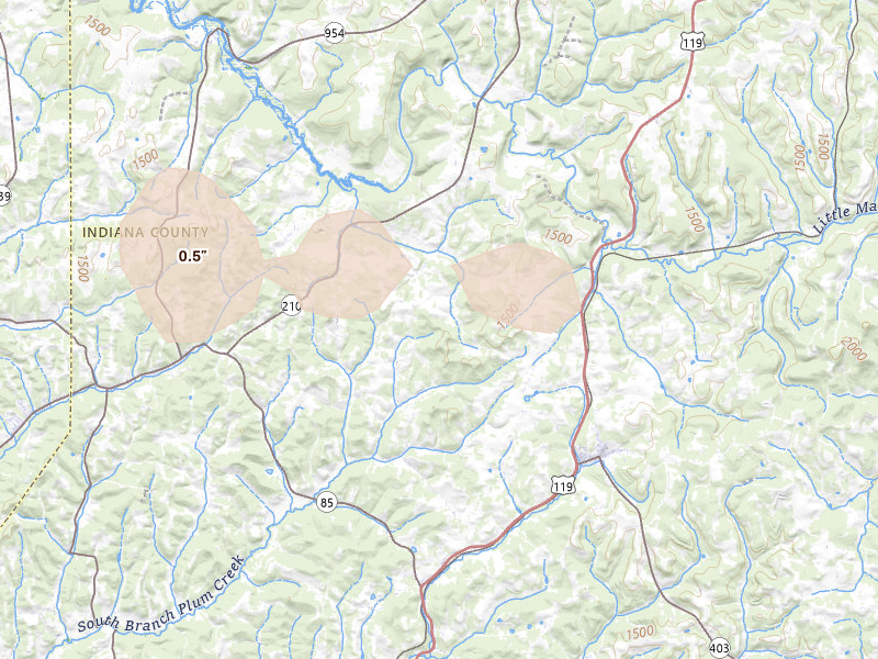 Radar-estimated hail-size map of the storm over Marion Center, PA on Jun 25, 2026