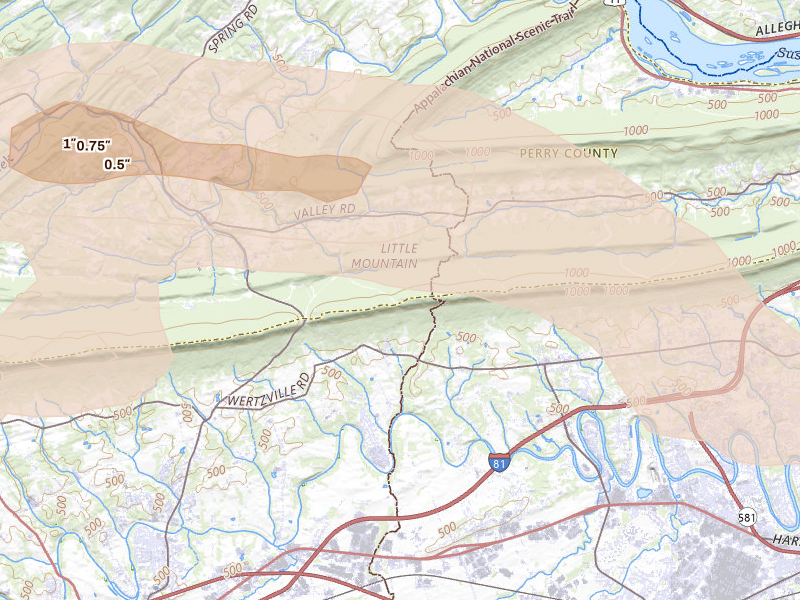 Radar-estimated hail-size map of the storm over Marysville, PA on Jul 5, 2026