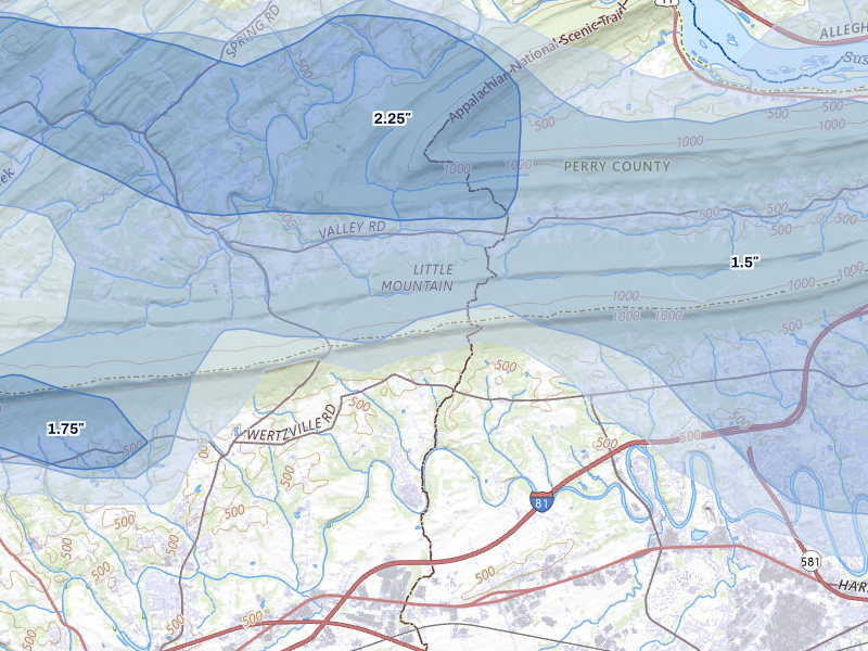 NEXRAD radar-signature map of the hail over Marysville, PA