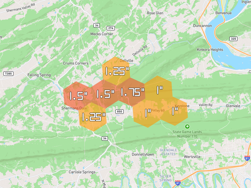 Hail map of Marysville, PA on Jul 5, 2026, hail up to 1.75"
