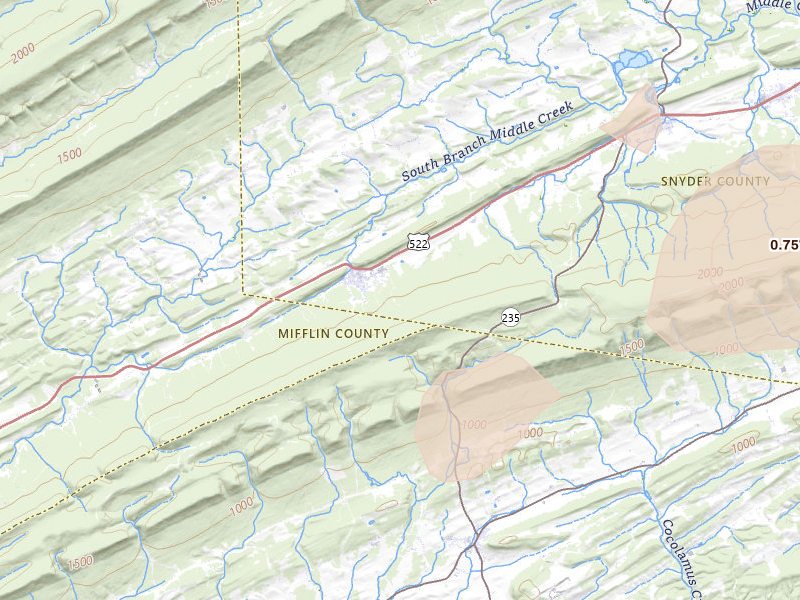 Radar-estimated hail-size map of the storm over Mc Clure, PA on Jul 4, 2026