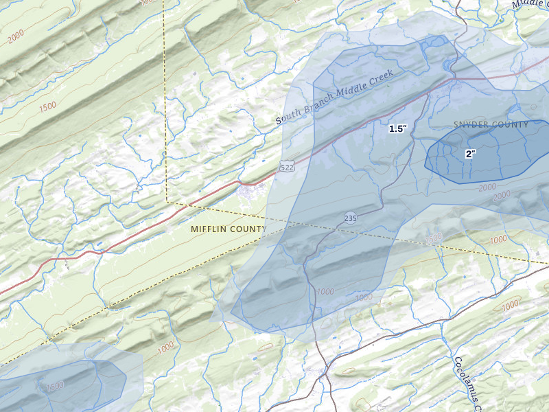 NEXRAD radar-signature map of the hail over Mc Clure, PA