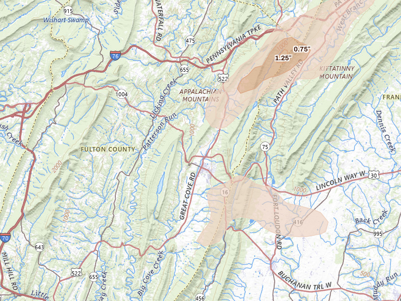 Radar-estimated hail-size map of the storm over Mc Connellsburg, PA on Aug 27, 2026