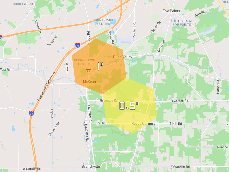 Hail map of Mc Kean, PA on Jul 21, 2026, hail up to 1"