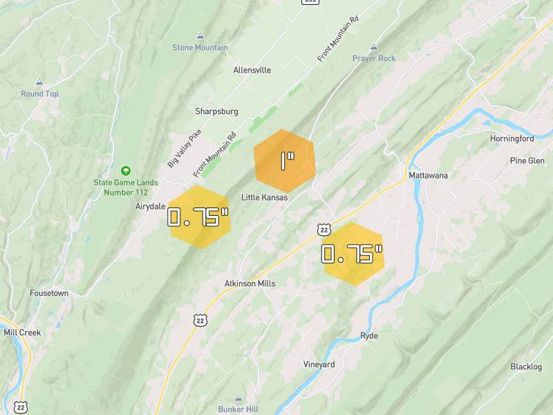 Hail map of Mc Veytown, PA on Jul 28, 2026, hail up to 1"