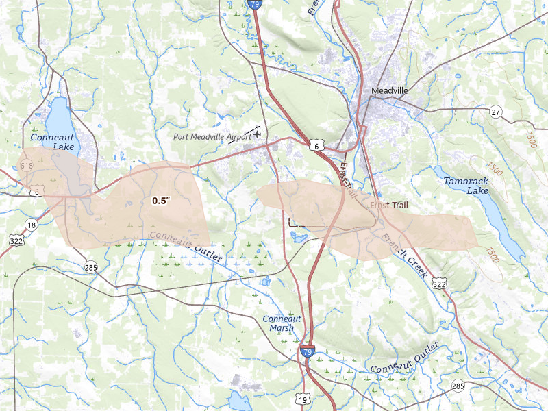 Radar-estimated hail-size map of the storm over Meadville, PA on Jun 6, 2026
