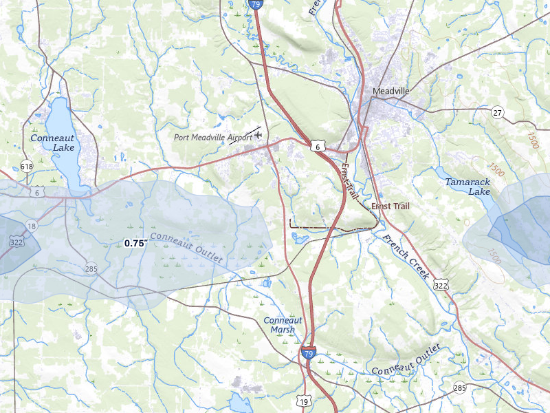 NEXRAD radar-signature map of the hail over Meadville, PA