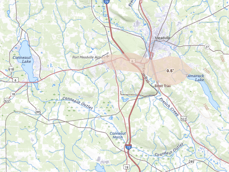 Radar-estimated hail-size map of the storm over Meadville, PA on Sep 1, 2026