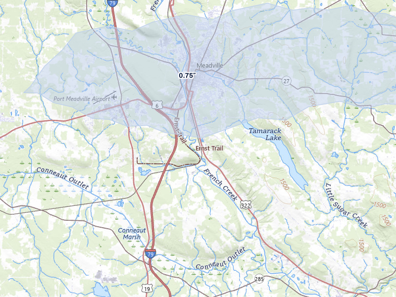 NEXRAD radar-signature map of the hail storm over Meadville, PA on Sep 1, 2026