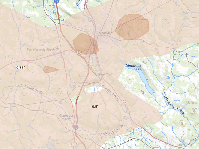 Radar-estimated hail-size map of the storm over Meadville, PA on Sep 2, 2026