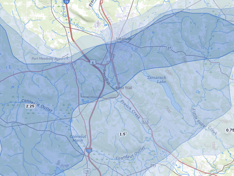 NEXRAD radar-signature map of the hail storm over Meadville, PA on Sep 2, 2026