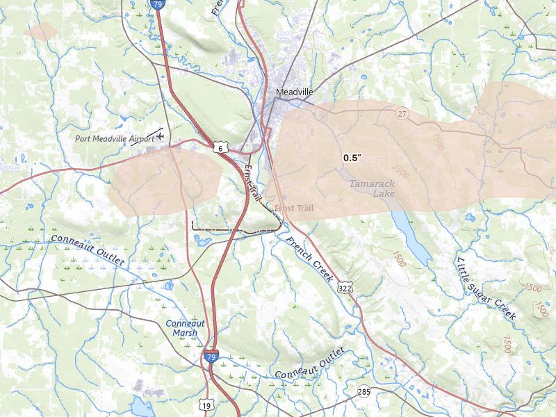 Radar-estimated hail-size map of the storm over Meadville, PA
