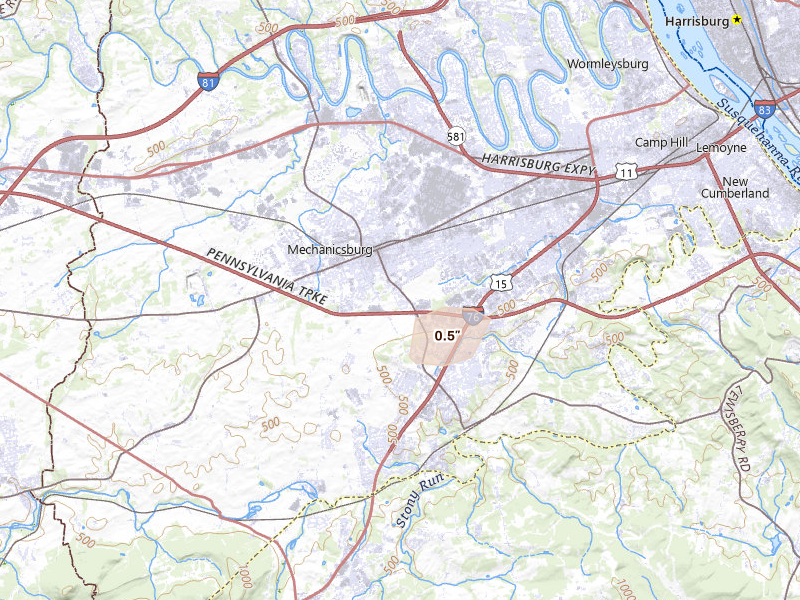 Radar-estimated hail-size map of the storm over Mechanicsburg, PA on Jun 10, 2026
