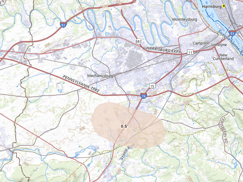 Radar-estimated hail-size map of the storm over Mechanicsburg, PA on Jul 4, 2026