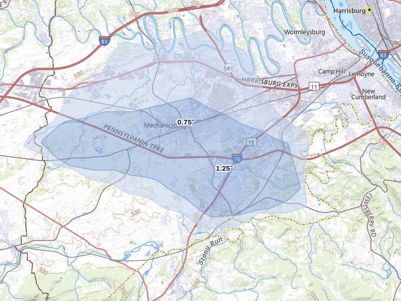 NEXRAD radar-signature map of the hail over Mechanicsburg, PA