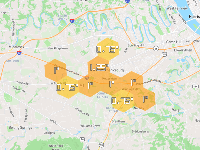 Hail map of Mechanicsburg, PA on Jul 4, 2026, hail up to 1.25"