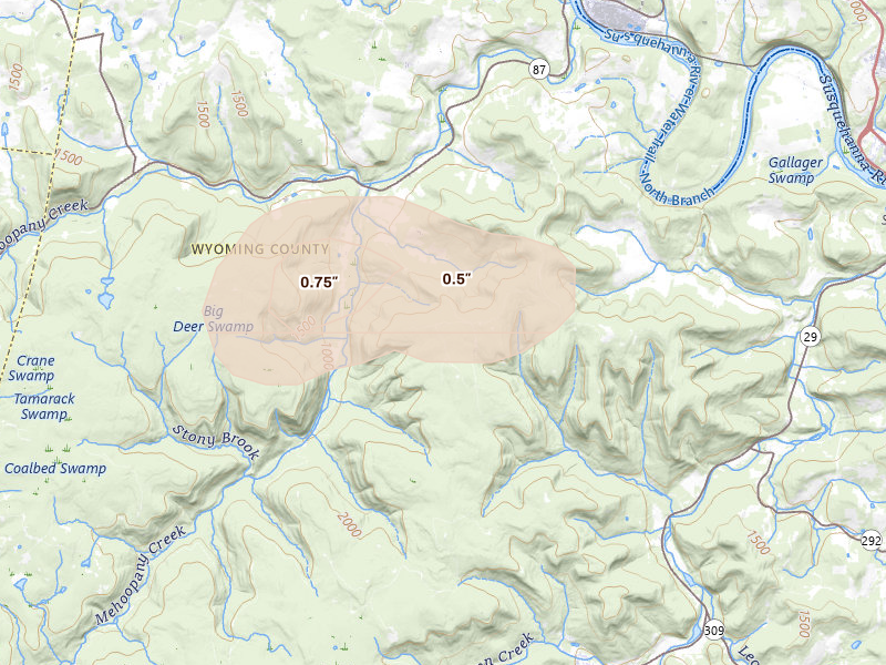 Radar-estimated hail-size map of the storm over Mehoopany, PA on Jul 3, 2026