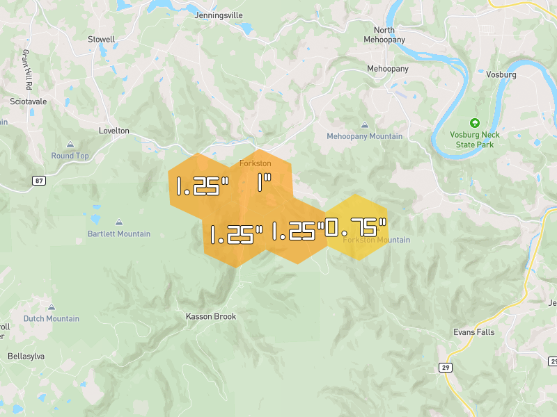 Hail map of Mehoopany, PA on Jul 3, 2026, hail up to 1.25"