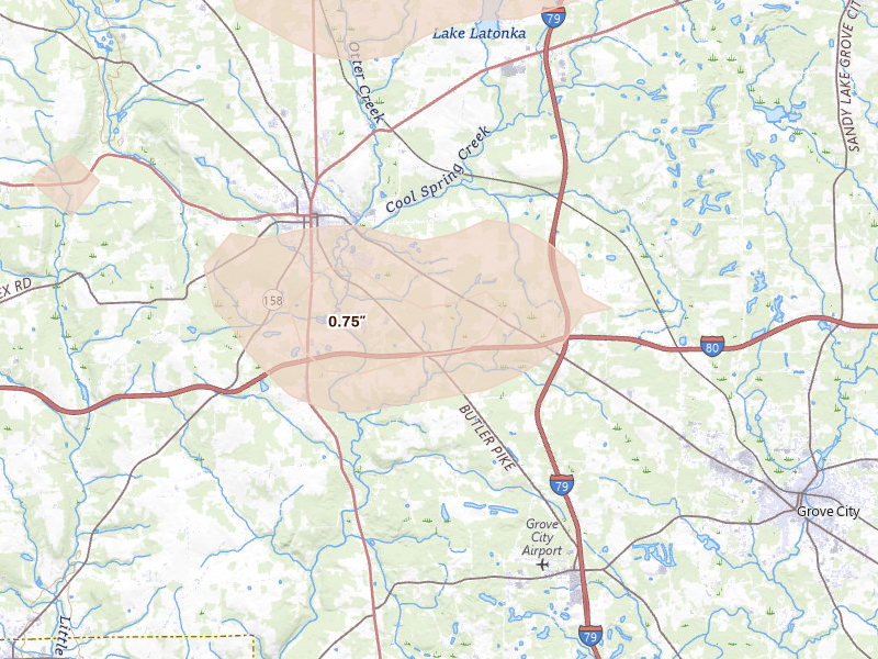 Radar-estimated hail-size map of the storm over Mercer, PA on Jul 3, 2026