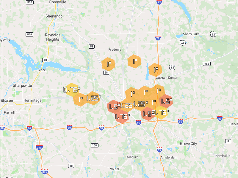 Hail map of Mercer, PA on Jul 3, 2026, hail up to 1.75"