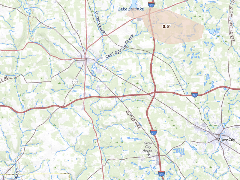 Radar-estimated hail-size map of the storm over Mercer, PA on Jul 4, 2026