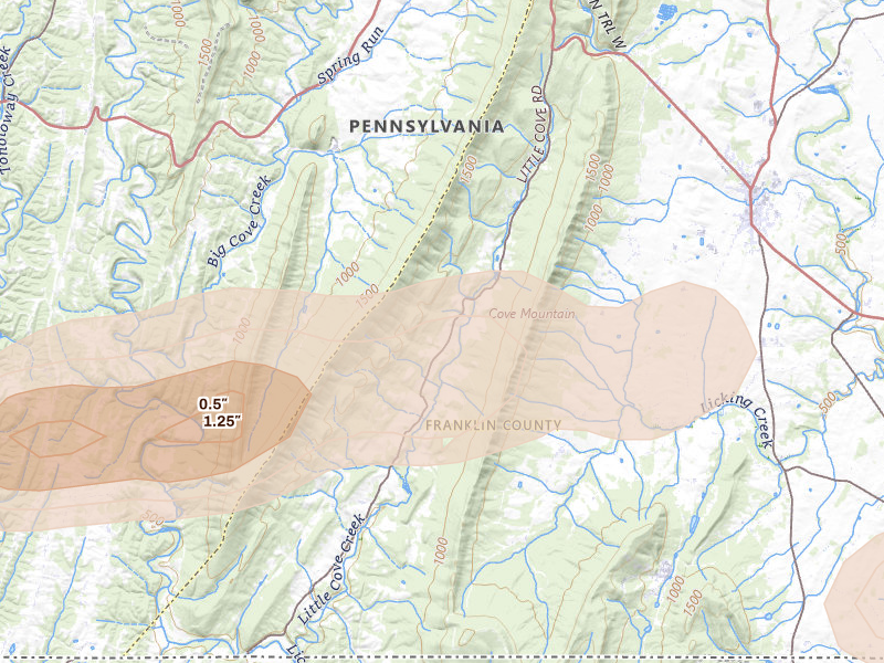 Radar-estimated hail-size map of the storm over Mercersburg, PA on May 20, 2026