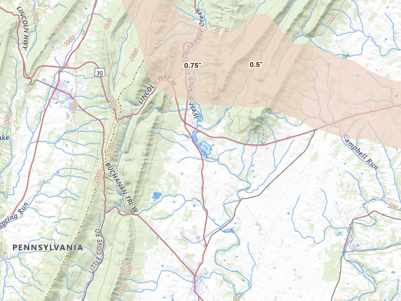 Radar-estimated hail-size map of the storm over Mercersburg, PA on Aug 10, 2026