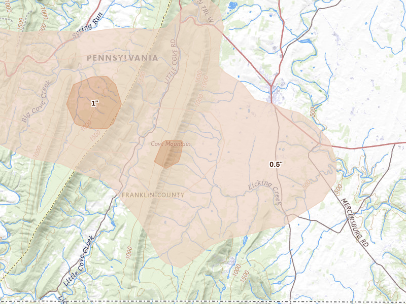 Radar-estimated hail-size map of the storm over Mercersburg, PA on Aug 22, 2026
