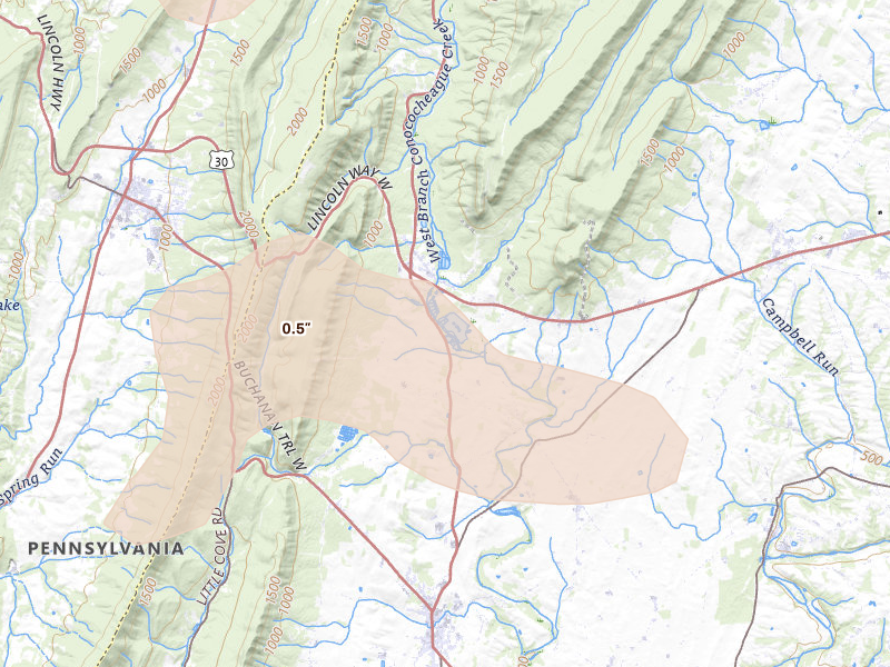 Radar-estimated hail-size map of the storm over Mercersburg, PA on Aug 27, 2026