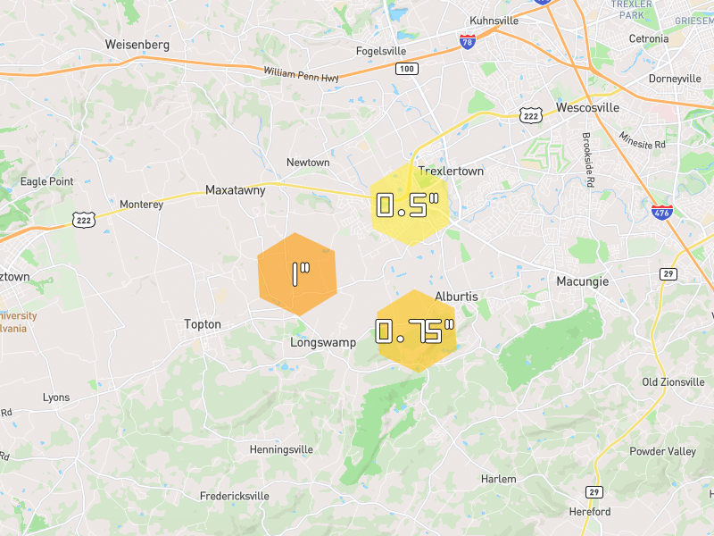 Hail map of Mertztown, PA on Jul 3, 2026, hail up to 1"