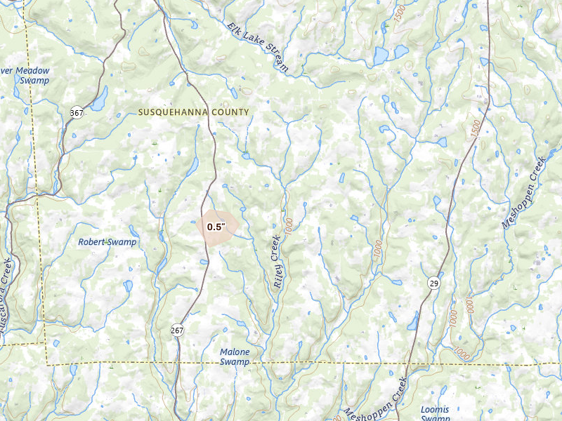 Radar-estimated hail-size map of the storm over Meshoppen, PA on Aug 10, 2026