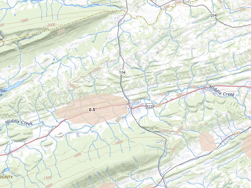 Radar-estimated hail-size map of the storm over Middleburg, PA on Jun 6, 2026