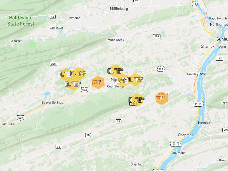 Hail map of Middleburg, PA on Jun 6, 2026, hail up to 1"