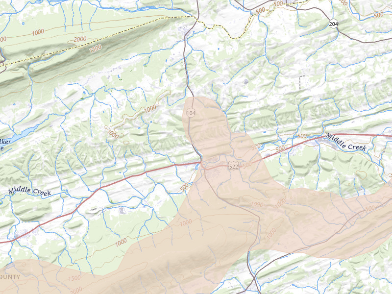 Radar-estimated hail-size map of the storm over Middleburg, PA on Jul 4, 2026