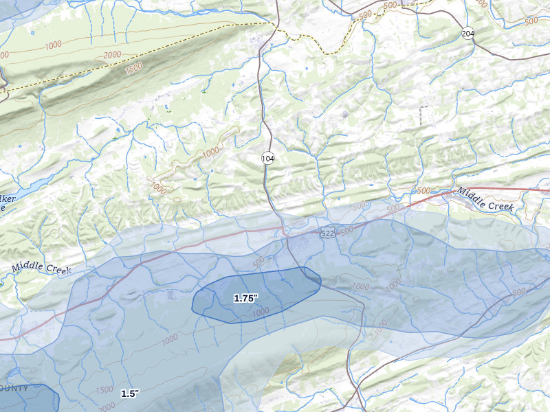 NEXRAD radar-signature map of the hail over Middleburg, PA